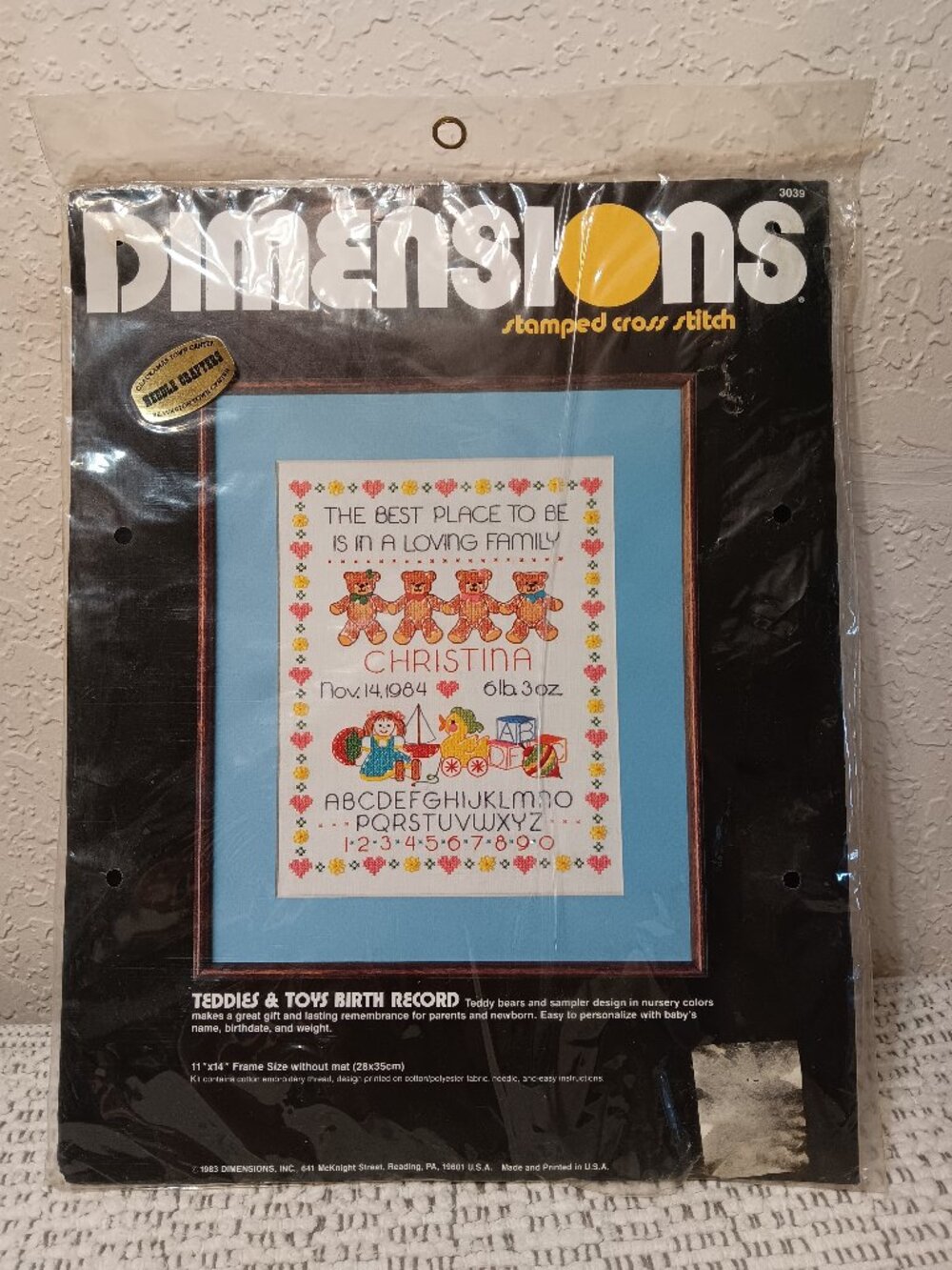 Dimensions stamped cross stitch kit 'Teddies & Toys Birth Record' sampler vtg 83